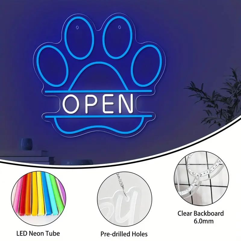 Image of LED Neon Sign Paw Print inchOPEN inch - Acrylic USB Powered Wall Hanging Light for Bedroom, Office, Club, Art Decor Paw Open Neon Light with Switch Control
