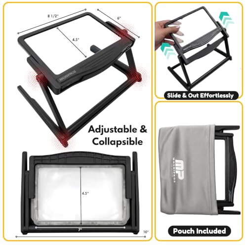 Image of MAGNIPROS 5X Rechargeable LED Page Magnifier with Foldable Stand, Hands-Free Lighted Magnifier with 3 Color Modes, Anti-Glare Lens for Reading Small Print, Low Vision, Seniors, Crafts