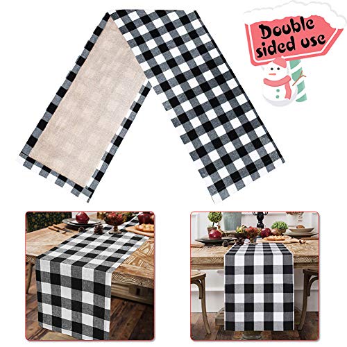 Fowecelt Buffalo Check Table Runner 14 Ã— 84 Inch Cotton Burlap Black White Plaid Reversible Checkered Table Runners for Family Dinners, Christmas Holiday Birthday Party Table Decoration
