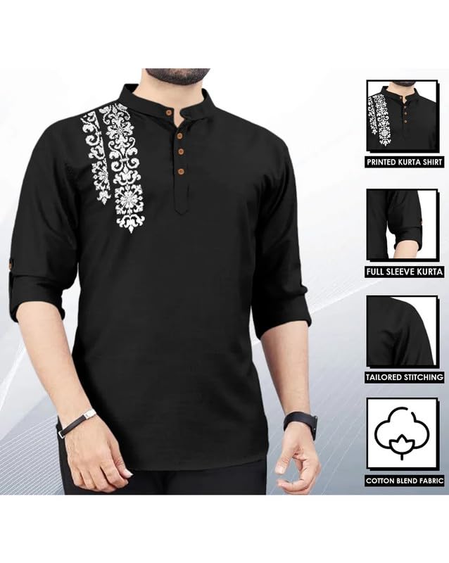 Image of FINIVO FASHION Men's Cotton Blend Kurta Style Shirt | Mandarin Collar Long Sleeve Casual Ethnic Shirt with Button Placket | Stylish Festival