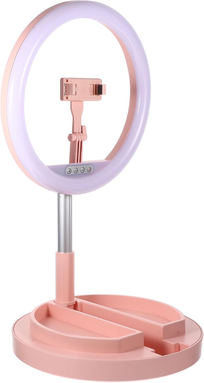 Gadpiparty Portable Foldable LED Ring Light with Adjustable Brightness and Mobile Phone Bracket, Eye Protection Portrait Lamp for Live Streaming and Video Recording, Pink