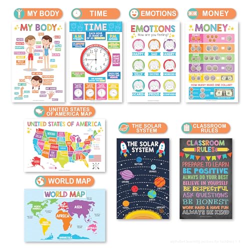 Hadley Designs 16 Educational Posters for Classroom Must Haves - Laminated Pre-K Posters for Toddler Homeschool Essentials, Toddler & Preschool Learning Activities, Kindergarten Classroom Decor