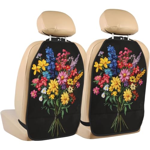 Colorful Flower Bouquet Car Seat Back Kick Protectors,2 Pack Kick Mats With Storage Pockets For Vehicles To Protect From Dirt Mud Scratches