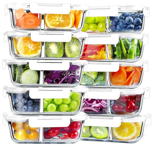 VERONES 10 Pack Glass Meal Prep Containers 2 Compartment Set,