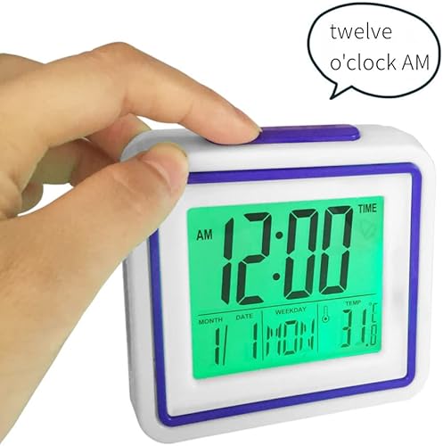 Miniatura 4 de VISIONU Reloj despertador hablante inglés con fecha, día y temperatura, para baja visión o ciego (morado)