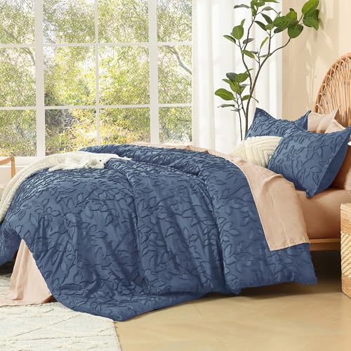 Image of Litanika Queen Size Comforter Set Ocean Blue, 3 Piece Cream Boho Tufted Bedding, Fluffy Farmhouse Bed Set for All Season with 2 Leaf Pattern Pillowcases(90x90In)