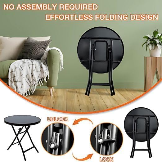 GION Portable Camping Dining Table, Backyard Garden Balcony Home Tabletop Patio Glass Coffee Table Side Table Round Patio Backyard Table - Black 3