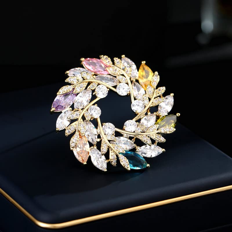 Image of 14K Gold Leaf Wreath Brooch, Handcrafted Moissanite Corsage Pin Buckle - Elegant Blazer Accessory, Perfect Birthday or Special Occasion Gift for Her