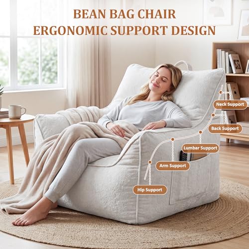 Ergonomic Chenille Bean Bag Chair with High-Density Foam, Armrests & Side Pocket, Cozy Lounge Sofa with Targeted Body Support for Adults & Kids, Ideal for Living Room, Bedroom & Gaming Spaces, White by Garvee - Used condition - Image 3