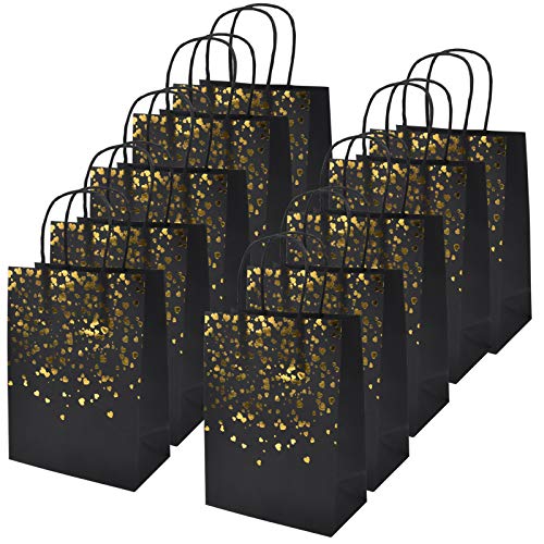 Jinlaili 12 Stück Geschenktüten aus Kraftpapier, Papiertüten mit Henkel, Bronzing Kraft Tasche mit Gold Herz Verzierung, Party Geschenk Papiertüten für Weihnachten/Hochzeit/Geburtstag Party (Schwarz)