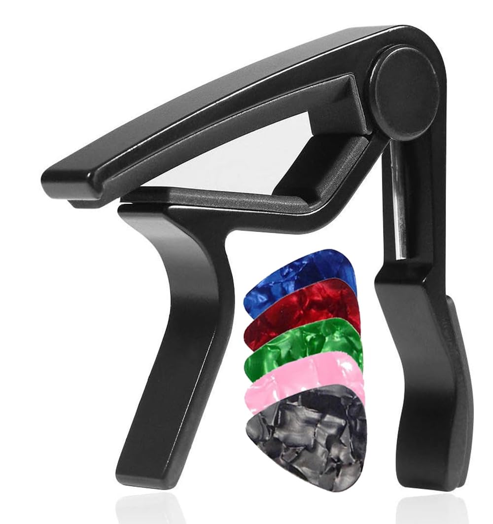 Guitar Capo with 5 Picks, Aluminium Alloy Capo Clamp for 6-String Acoustic, Ukulele, Bass, Classical and Electric Guitars - Black