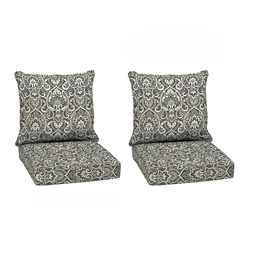 Image of Arden Outdoor Deep Seat Cushion Set (2-Pack), 24 in x 24 in, Weather-Proof, Rain-Proof, Fade Resistant Patio Cushion for Chair, Sofa, and Couch Black Aurora Damask