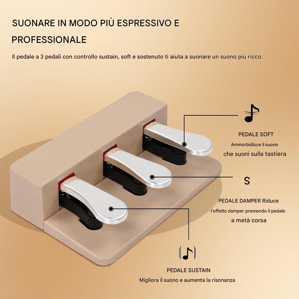 BAKAJI Tastiera Musicale Elettrica con 88 Tasti Semi-Pesati con Pedaliera a 3 Tasti, Pianoforte con 128 Toni e 30 Brani Demo, Strumenti Musicali con Uscite per Cuffie, Connessione USB e MID (Naturale)