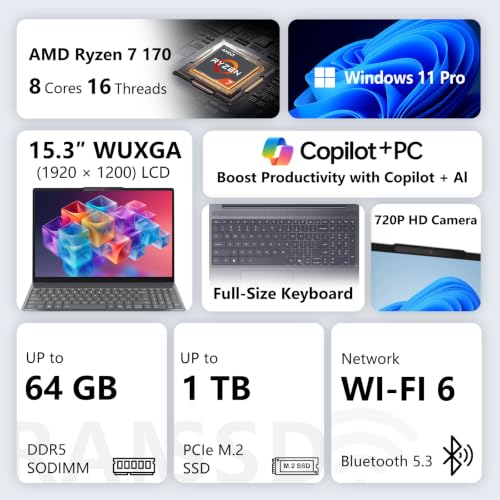 Image of Lenovo IdeaPad Slim Laptop with Ryzen 7 170 & 15.3 inch WUXGA, 16GB + 1TB