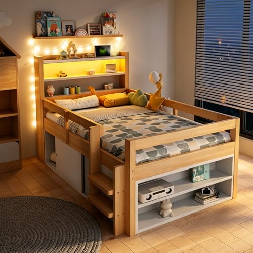 Cama individual con puertos USB y luces LED integradas en madera 2
