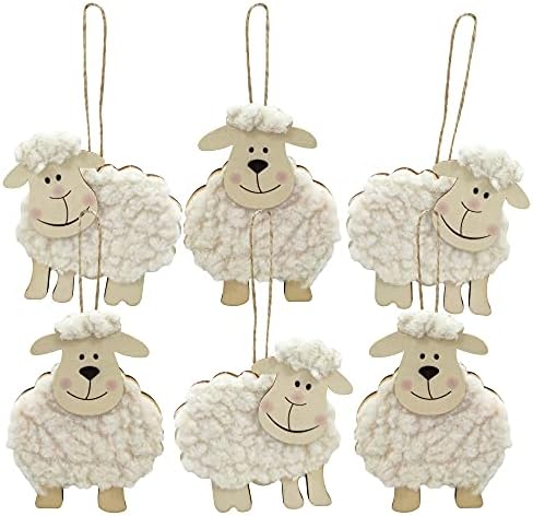 Robelli Pack of 6 Wooden Fluffy Sheep Easter Bonnet Hanging Decorations