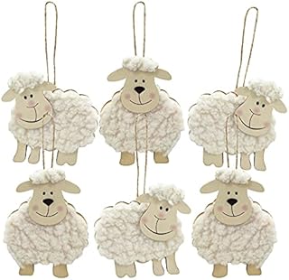 Robelli Pack of 6 Wooden Fluffy Sheep Easter Bonnet Hanging Decorations