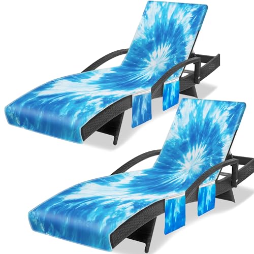 Lounge Chair Towel Cover (Pack of 2), Tie Dye Style Chaise Lounge Cover, Beach Chair Covers with Pockets for Pool Beach Garden Courtyard Outdoor Trips, 85 x30 in, Lake Blue