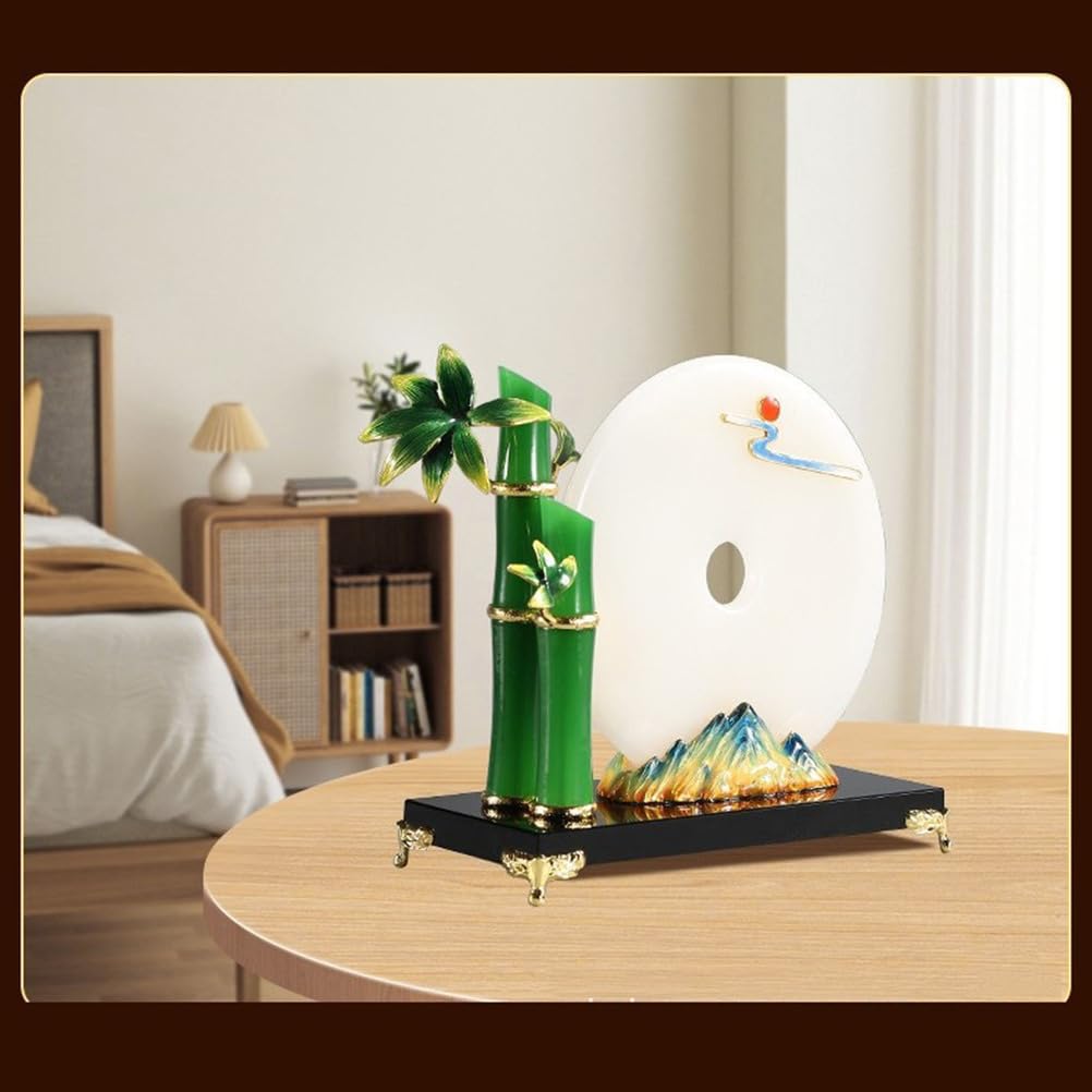Naturalny dysk Jade Pi z bambusem Cloisonné - chińska dekoracja Feng Shui zapewniająca wzrost i harmonię, ręcznie wykonana emalia z kamieni szlachetnych z kryształową podstawą