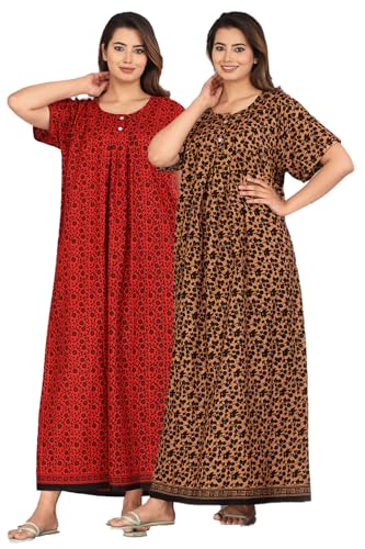 Image of Kuruti B Sheets Nighty for Women Cotton Combo (Pack of 2 Pcs) Nighty Gown Round Neck Short Sleeves Free Size