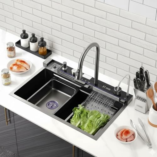 Image of LUXART 5 Switch Piano Stainless Steel Multifunction Kitchen Sink 30x18x10 Inch - LED Digital Display & RO Tap Multifunctional Sink | Honeycomb Design Smart Sink with Waterfall & 360 Pull-Down Faucet