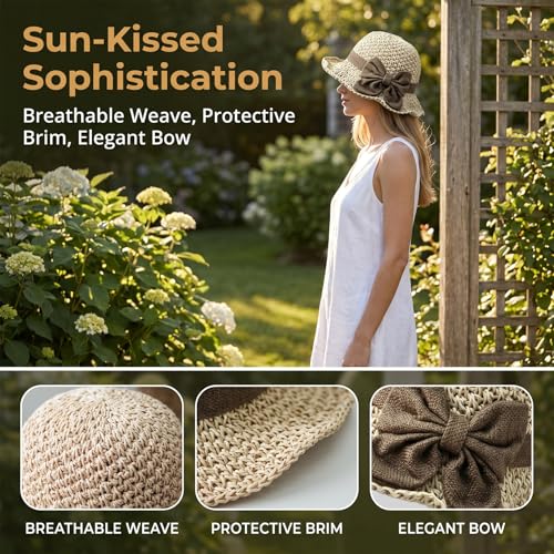 Sombrero de paja tejido elegante con lazo para mujer miniatura 3