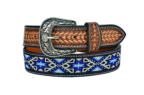 Western Genuine Leather Beaded Belt Tooled Basket Weave Beaded Belt for Men and Women 30AB0072