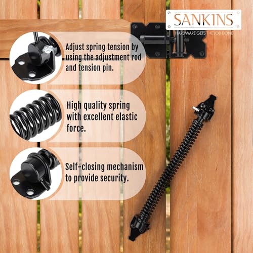 Image of 14 inch Gate Spring Self Closing Heavy Duty Outdoor Door Spring Automatic Metal Gate Closure Hardware with Adjustable Tool for Wooden and Vinyl Fence, Black, 4PCS