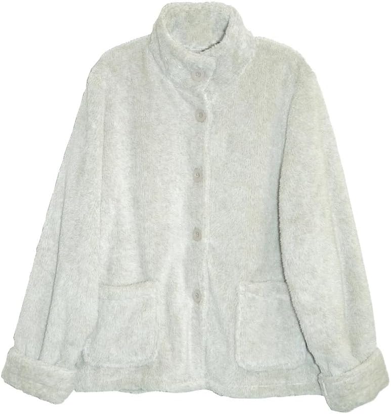 LA CERA Women's Fleece Bed Jacket - 100% Polyester, Collared Button Front, Long Sleeves, Front Pockets, Solid Pattern - Image 5