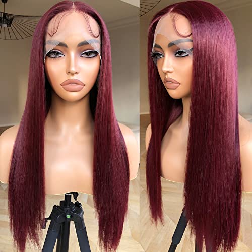 BrownBomb Straight Lace Front Wig Pre Plucked, Synthetic Lace Front Wig Pre Plucked, HD Glueless Wigs 13X5X1 Lace Wigs for Women 180 Density 26inch (Burgundy99J, 26)