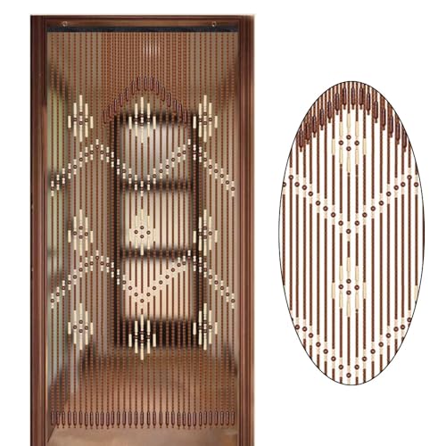 JIAOYINZI Natural Wood and Bamboo Beaded Curtain Room Divider 32 Line Hanging Wave Dense Fringe Beaded Door Tassel Curtains for Bedroom Porch Living Room 35.4 * 68.9in