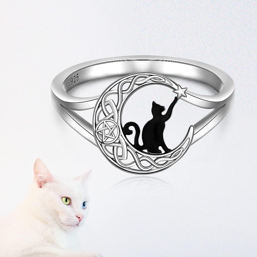 Sterling Silver Black Cat Ring Celtic Knot Crescent Moon Cat Matching Thumb Rings for Women Cute Kitty Animal Pentagram Pentacle Halloween Cats Lover Gifts Size 6-10