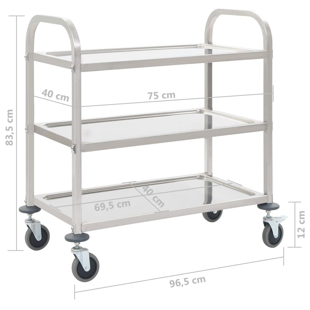 Carrello da portata a 3 livelli in acciaio inox, 95 x 45 x 83,5 cm, con 4 rotelle girevoli, due freni, per cucina, sala da pranzo, soggiorno, spazio e stoccaggio mobile