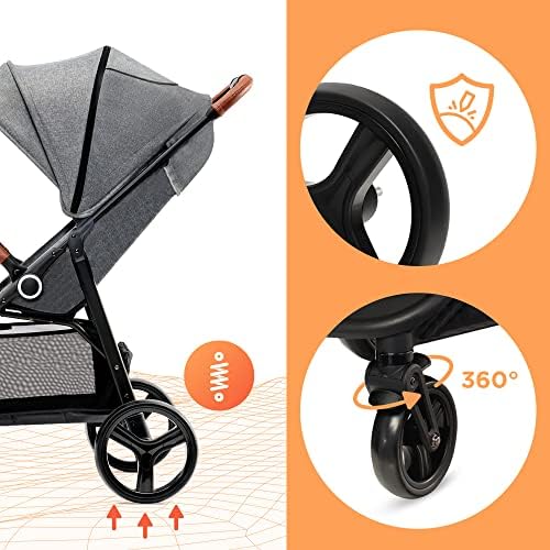 Kinderkraft Grande Plus Stroller Pushchair for Toddlers from Birth to 22 kg, Extra-Large Hood, Lie-Flat Position, Folding with one Hand, Shock Absorption on All Wheels, Gray