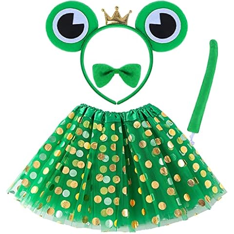 Ailesiy 4 Pieces Frog Costume Set with Green Gold Polka Dot Tutu Skirt Frog Eye Headband Tail Bow Tie Frog Cosplay Set Dress Up Pretend Play Halloween Cosplay Party Accessories for Kids Boys Girls Cover