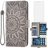Asuwish Phone Case for Huawei P9 with Tempered Glass Screen Protector and Flower Leather Wallet Flip Cover Credit Card Holder Stand Cell Accessories Hawaii EVA-L09 EVA-L19 Boys Girls Women Men Grey