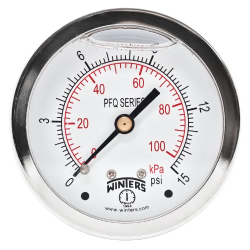 Image of Winters 2-1 /2 inch Dial Size, Liquid Filled Industrial Pressure Gauge, Brass Internals, 304 Stainless Steel Case, Dual Scale 0-15 psi /kPa, 1.5% Acc, 1 /4 inch NPT Back Mount, Glycerin Filled Pressure Gauge