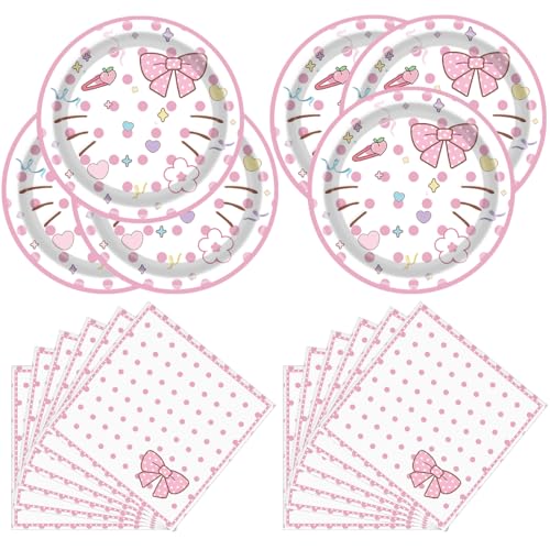 40 Pcs Pink Cat Birthday Party Tableware Set Cute Cat Themed Plates and Napkins Perfect for Decorating a Girls Birthday Party
