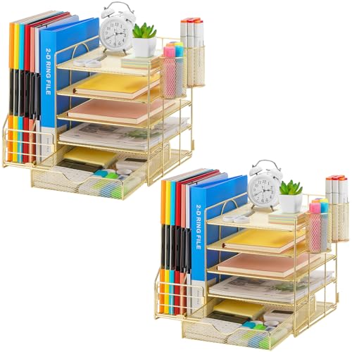 Image of Marbrasse Desk Organizer with File Holder, 5-Tier Paper Letter Tray Organizer with Drawer and 2 Pen Holder, Mesh Desktop Organizer and Storage with Magazine Holder for Office Supplies (Gold 2p)