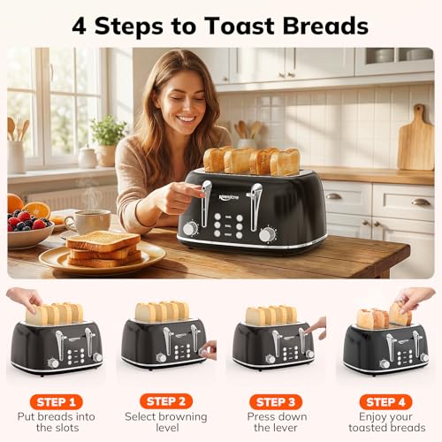 Image of Keenstone Toaster 4 Slice, Retro Stainless Steel Wide Slot Toaster with Dual Independent Controls, 6 Browning Levels, Bagel, Defrost, Reheat & Cancel, Removable Crumb Tray, Black