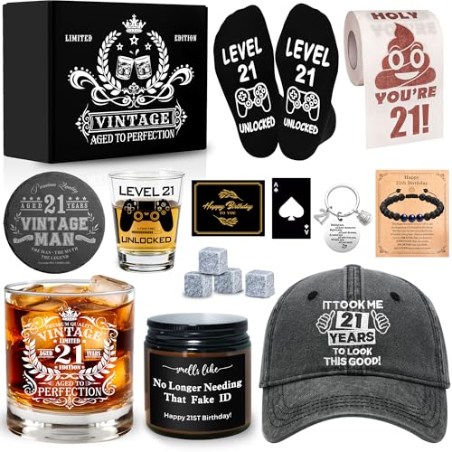 16 Pcs Happy 21st Birthday Gifts for Him, 21 Year Old Boy Birthday Party Gifts with 11 Oz Whiskey...