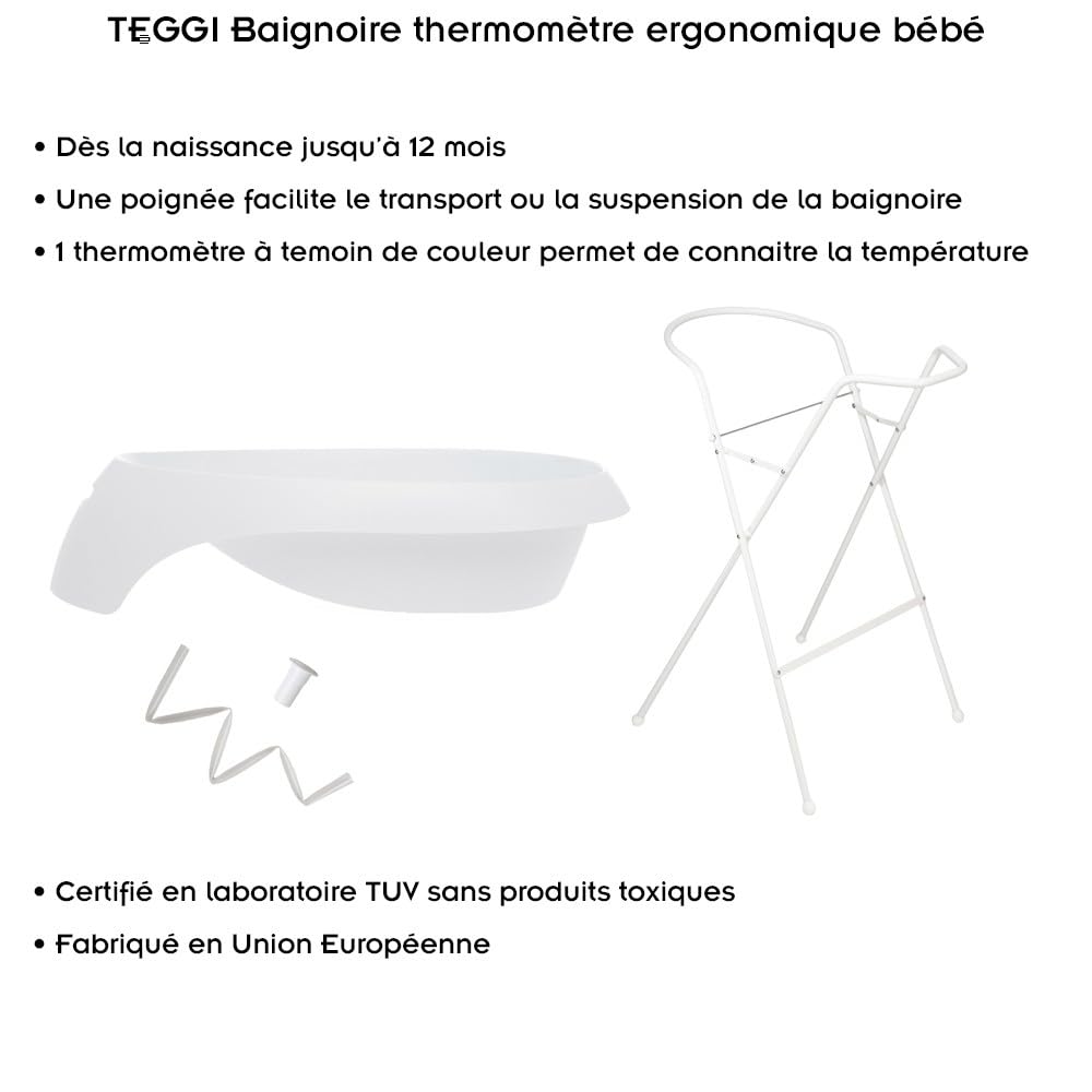TEGGI Baignoire ergonomique bébé avec thermomètre Blanc + Pied + Tuyau
