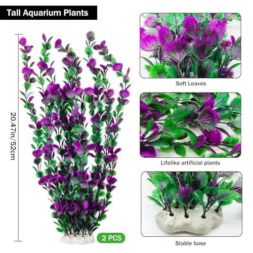 Image of 20.47 Inch Tall Aquarium Plants - Large Lifelike Artificial Fish Tank Decorations, 2 Pcs Fish Tank Plants Plastic, Durable & Safe for Freshwater /Saltwater Aquariums (Purple (Style C))