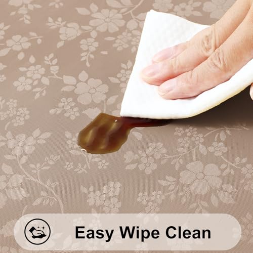 Image of Smiry Waterproof Heavy Duty Vinyl Fitted Tablecloth for 57 inch-68 inch Round Table | Elastic Plastic Table Cloth, Wipeable Washable Floral Patio Table Cover for Picnic, Kitchen and Dining, Khaki