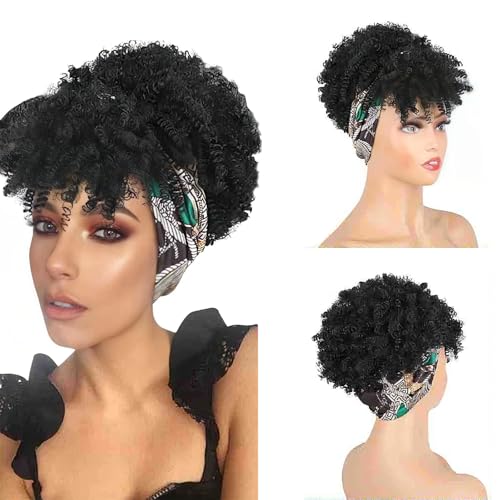 Copbopwn Kinky Curly Wig with Bangs Head Wrap Short Afro Wig 2-in-1 for Black Women Afro Puff Wigs with Adjustable Headband Heat Resistant Synthetic Hair Natural Looking Wig for Daily Cosplay