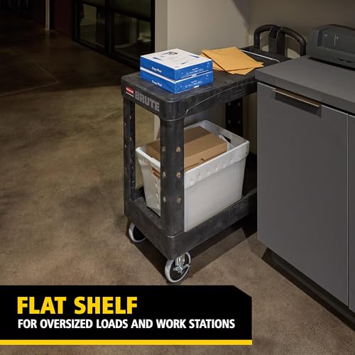 Image of Rubbermaid Commercial Products Heavy Duty 2-Shelf Utility /Service Cart, Small, Flat Shelves, Ergonomic Handle, 500 lbs. Capacity, for Warehouse /Garage /Cleaning /Maintenance