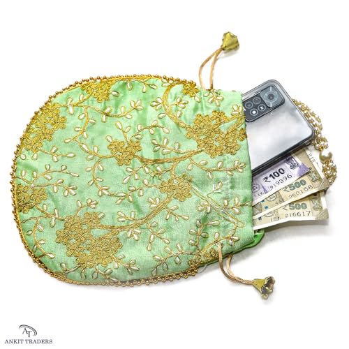 Image of AT Traders Embroidered Potli Bag Pack of 18 | Leaf Floral Design With Moti Handle Batwa Bag | Traditional Shagun Potli for Return Gifts | Ideal for Mehandi, Haldi, Baby Shower, Wedding, Sangeet