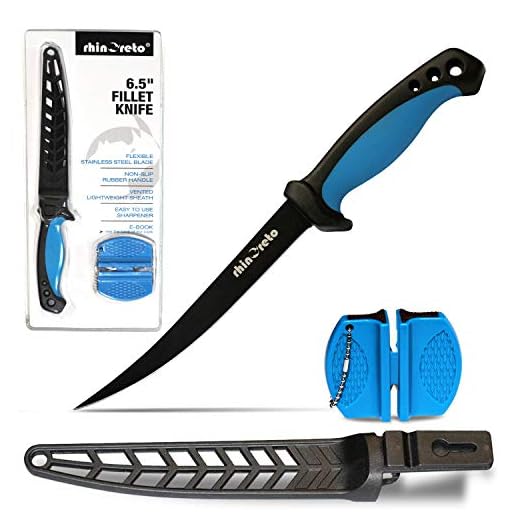 Rhinoreto Fish fillet knife. Flexible, stainless steel blade. Filet knifes for fish with sheath and sharpener. (6.5)