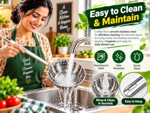 Image of 304 Stainless Steel Cooking Skimmer Jhara with Long Handle, Heavy Duty Spider Strainer Slotted Spoon for Deep Frying, Oil Draining, Pasta, Noodles, Poached, Pakora, Puri & Fries Cooking (Set 1)