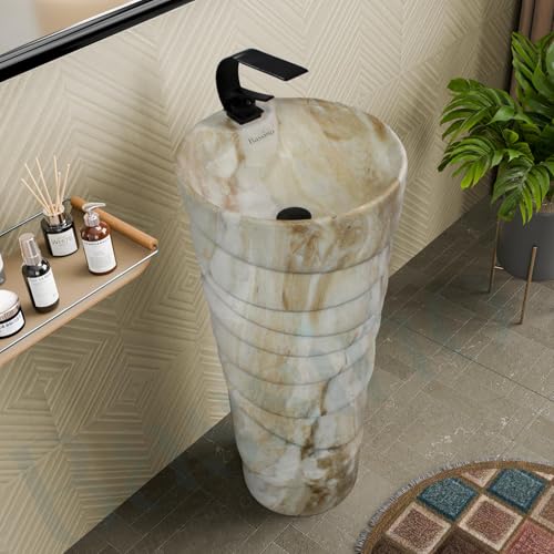 BASSINO Round Pedestal Wash Basin/Brown Marble Ceramic Bathroom Sink/Cylindrical Free Standing Floor Mount Basin for Bathroom, Living Room, Home, Offi